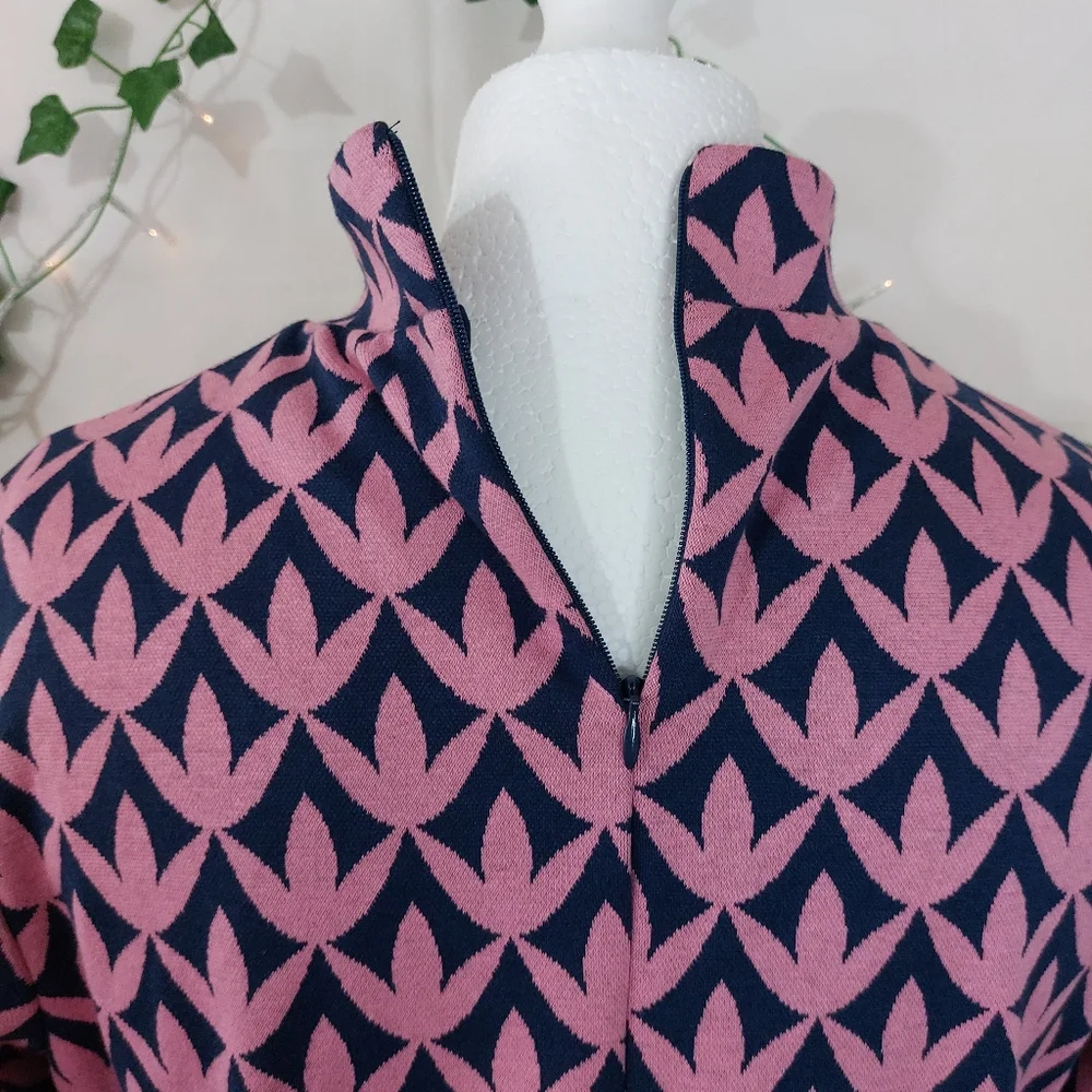 BODEN High Neck Fit&Flare Dress Pink Navy Floral Geo Size 14R Winter Autumn Chic - Picture 6 of 11